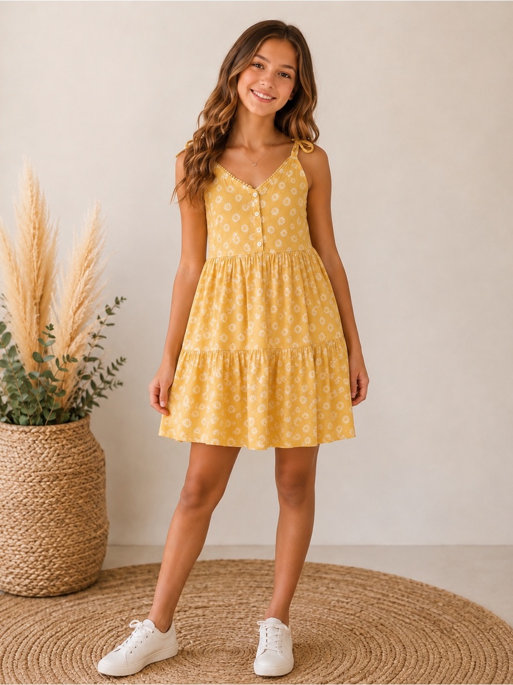 Derek Heart NWT Junior's M Yellow Floral Daisy Strappy Sun Tiered Midi Dress